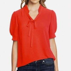 CeCe Vibrant Red V Neck Ruffle Top Neck Tie Size medium